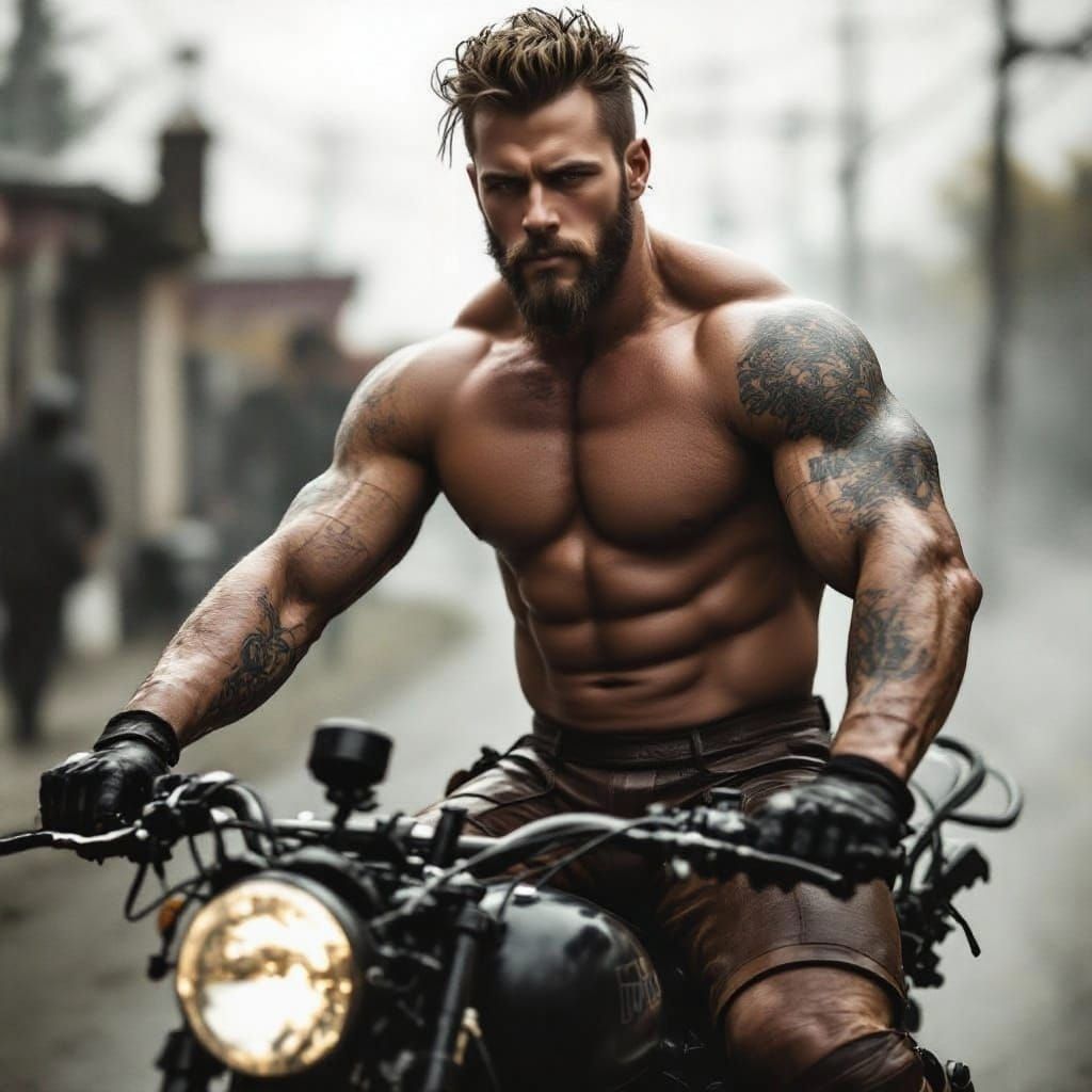 Leather Biker Hunk Poses with Motorcycle