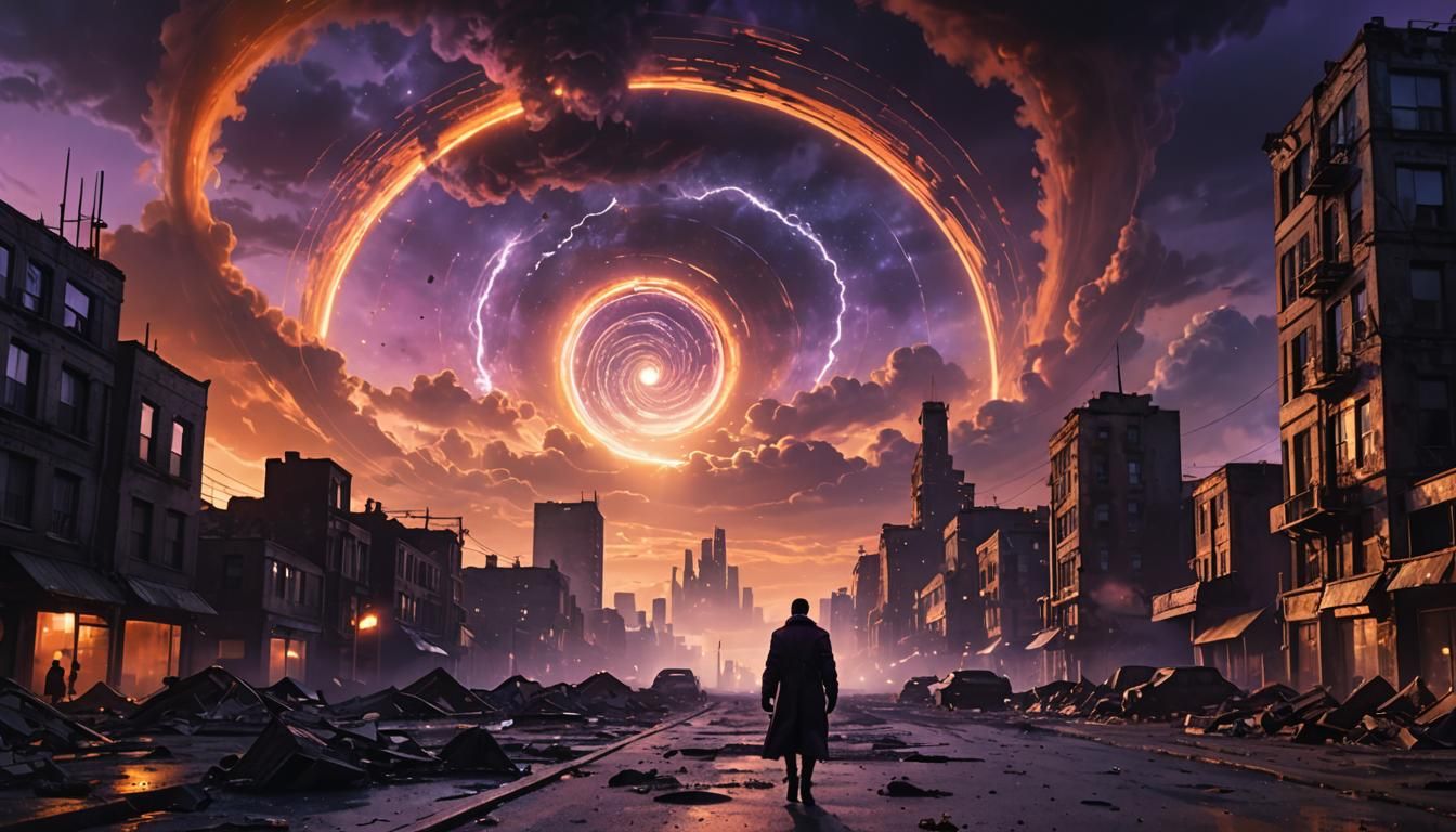 Dystopian Cityscape with Cosmic Cloud Path in Sci-Fi Style