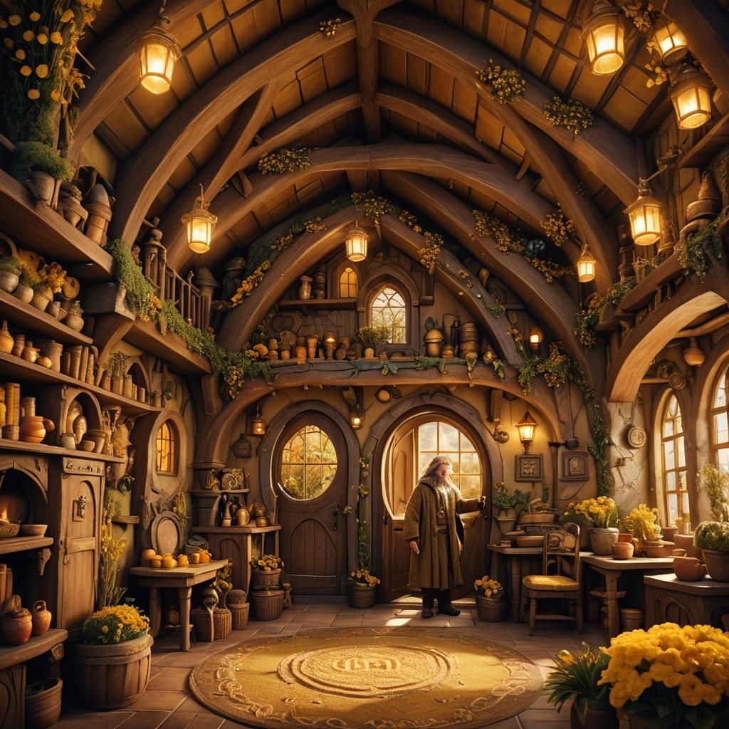 Cozy Hobbit House with Golden Flags and Flowers