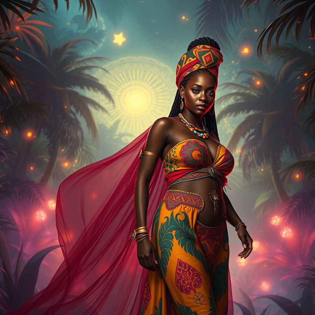 Mystical African Woman in Dreamlike Environment