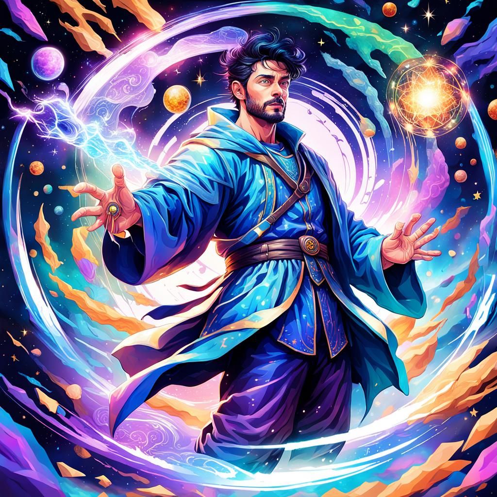 Athletic Wizard Wields Cosmic Magic: Pablo Amaringo Style