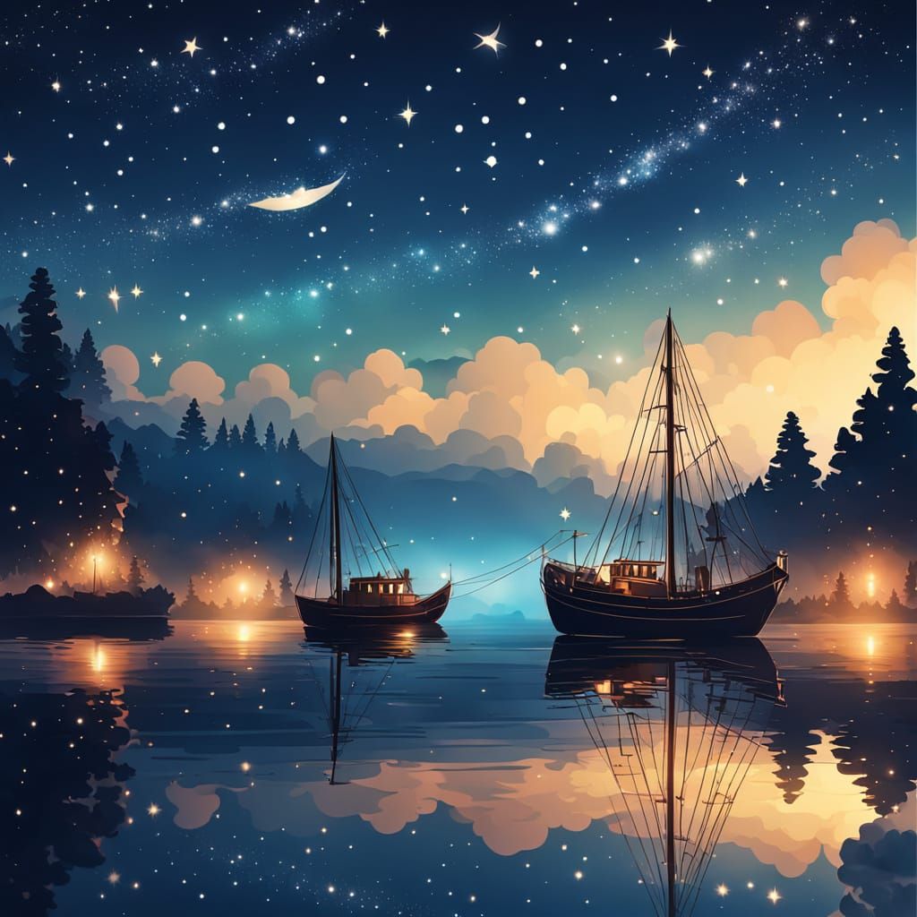Fishing Boats at Night: A Digital Art Scene
