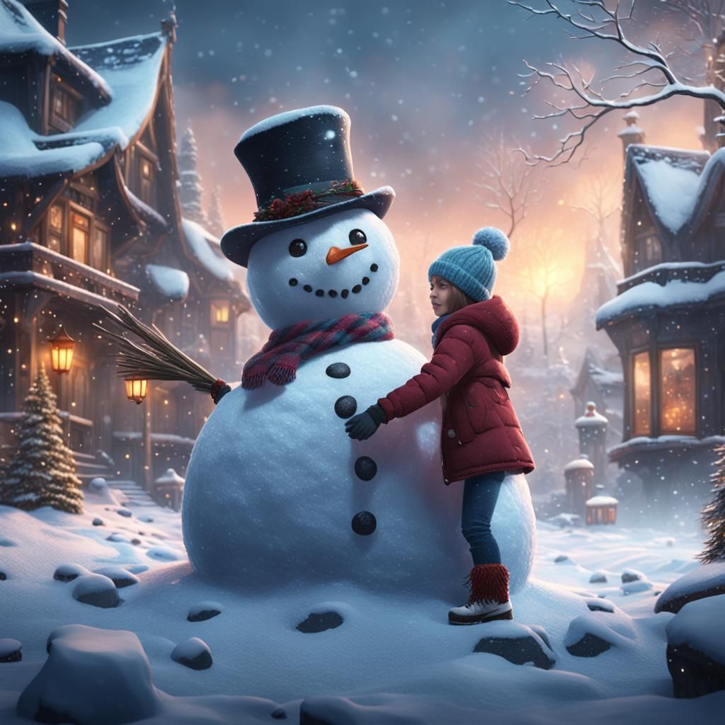Girl Making a Snowman in Detailed Digital Art