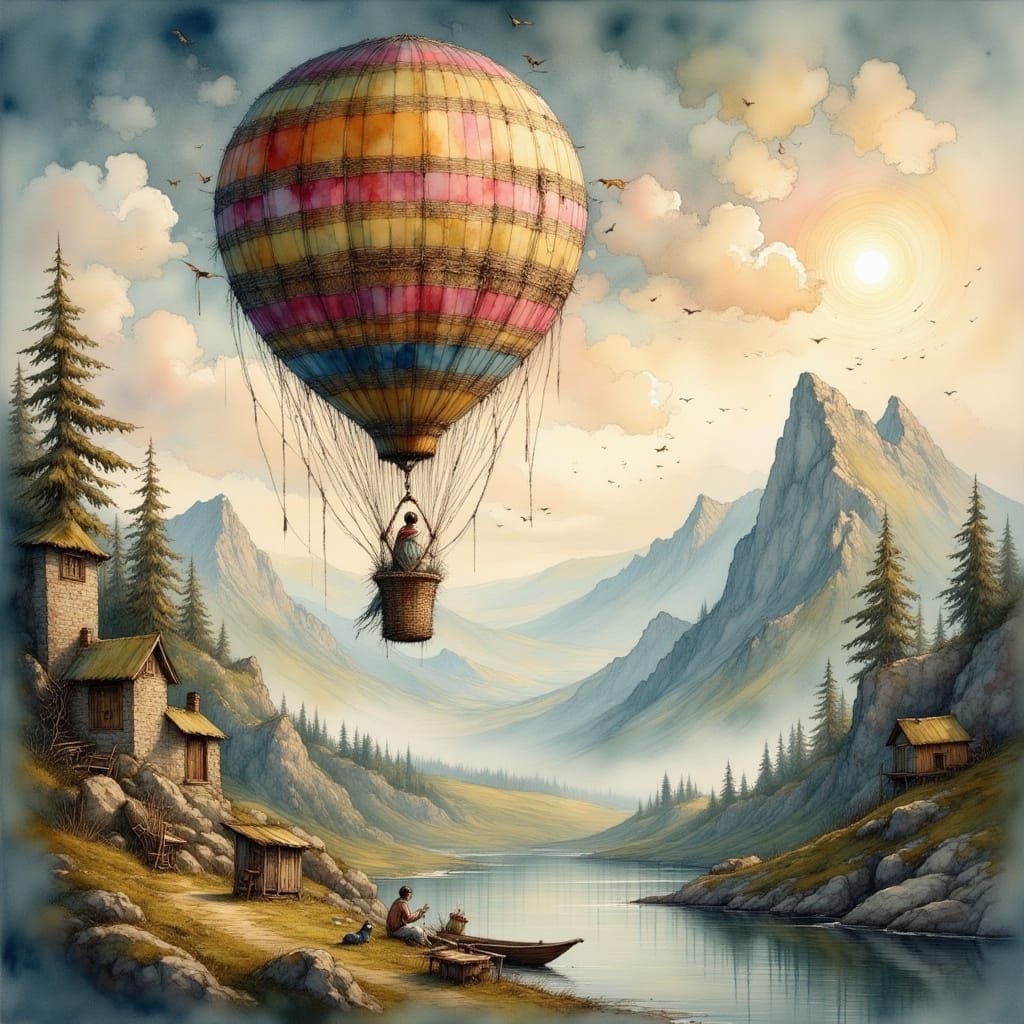 Vintage Hot Air Balloon Soaring Over Mountains
