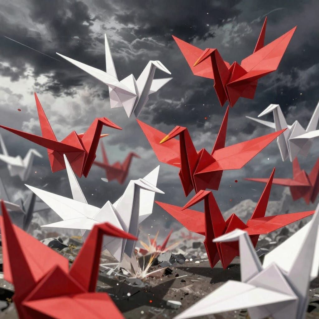 Origami Cranes Battle in Stormy Anime Style