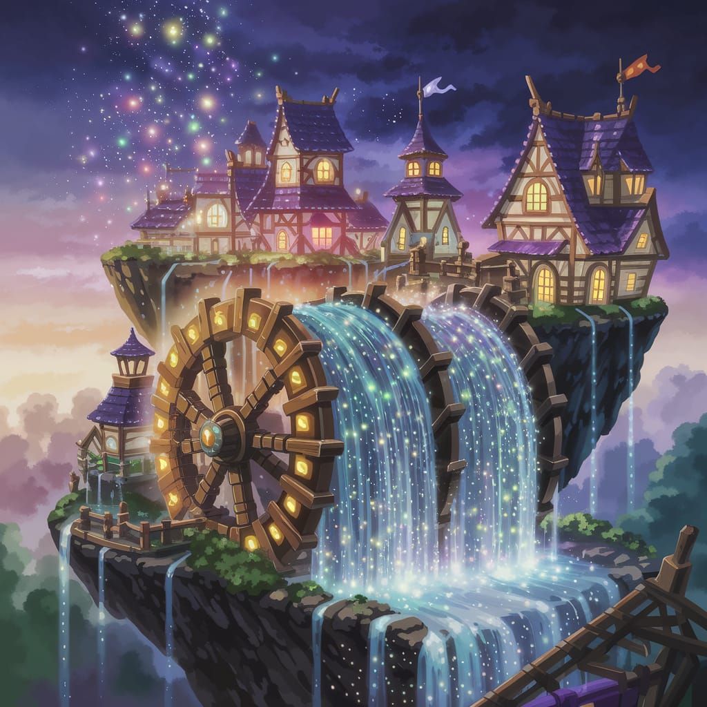 Floating Village with Magical Waterwheel