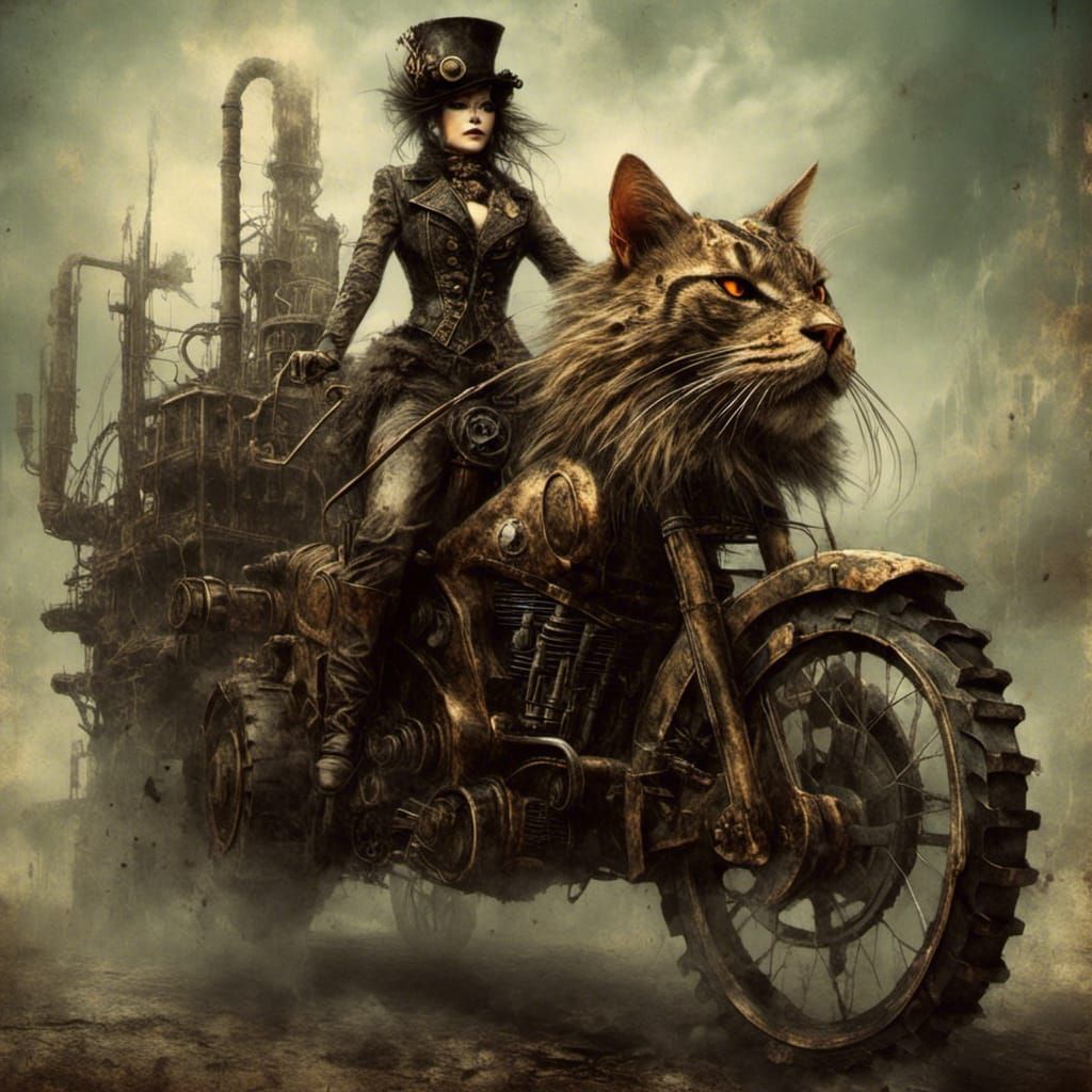 Amazonian Warrior on War Cat with Steampunk Engine