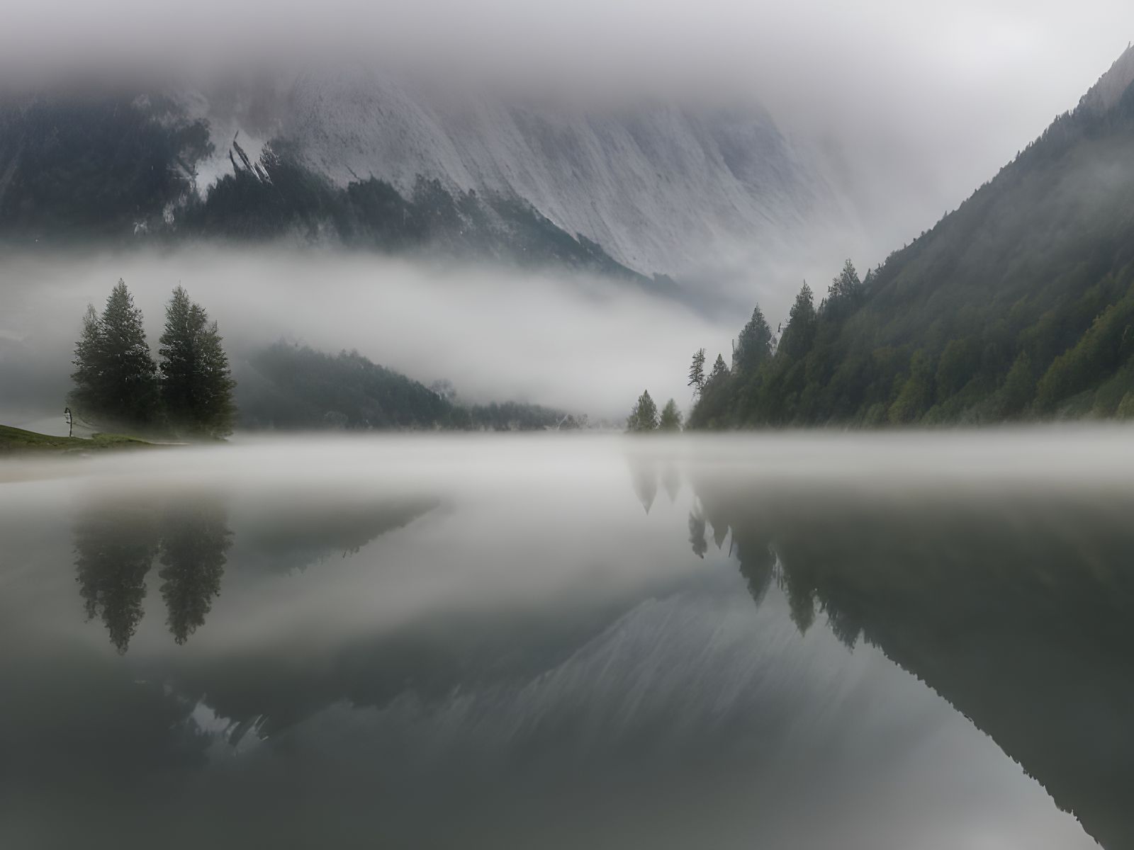 Foggy Austrian Alps Reflected in Mountain Lake