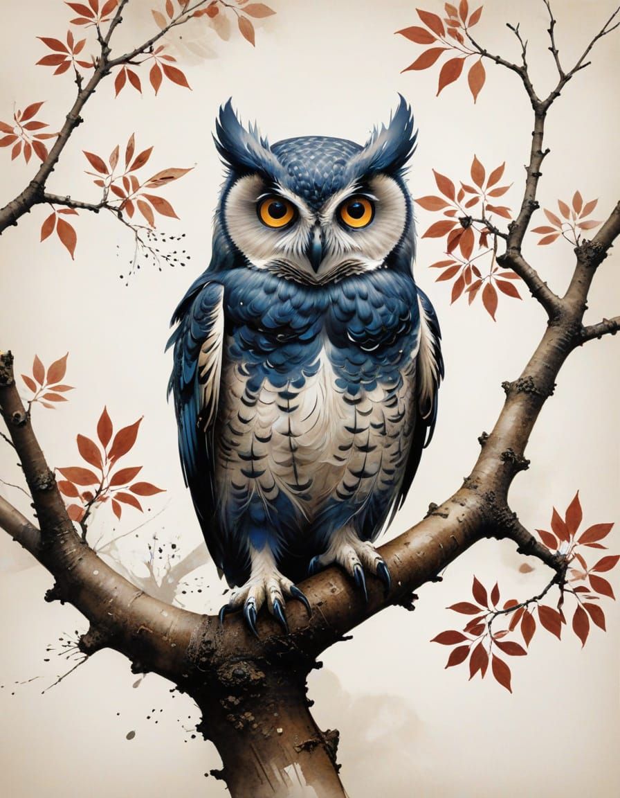 Owl in Whimsical Bonsai Branches, Modern Minimalist Art