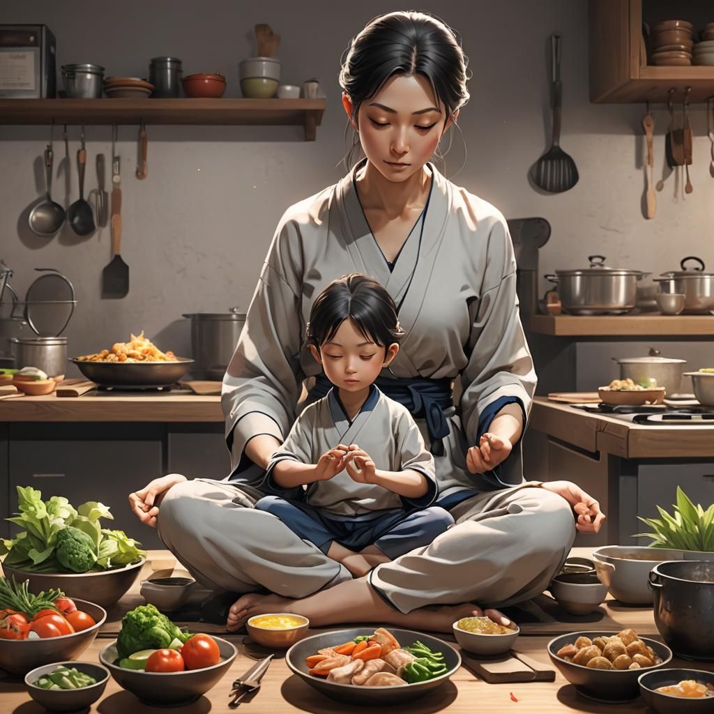 Meditating Mother in Detailed 3D Anime Art