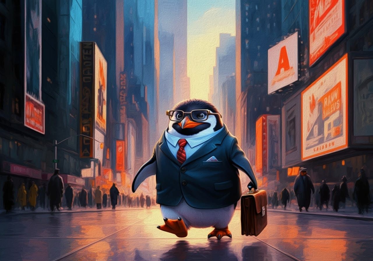 Confident Penguin Ad Salesman Strides Down Madison Avenue