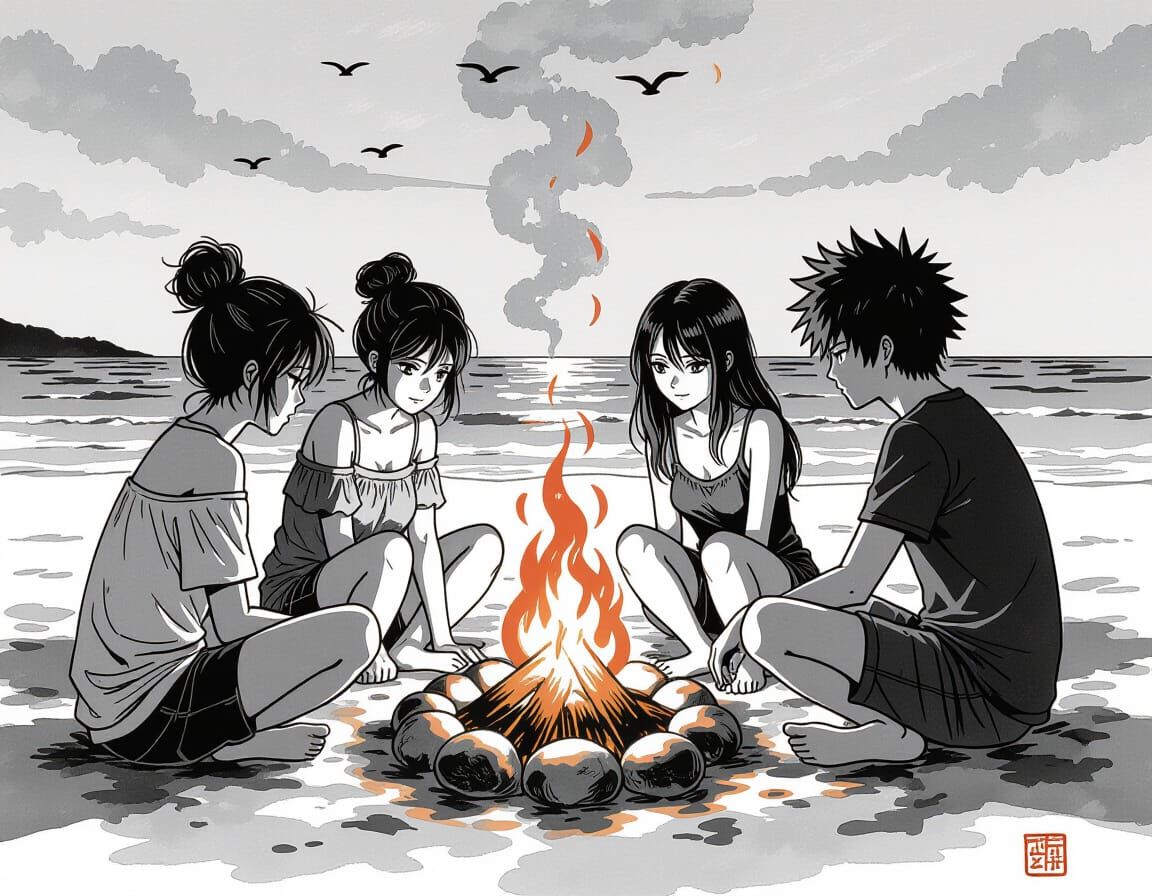Manga Illustration: Friends Around Beach Bonfire