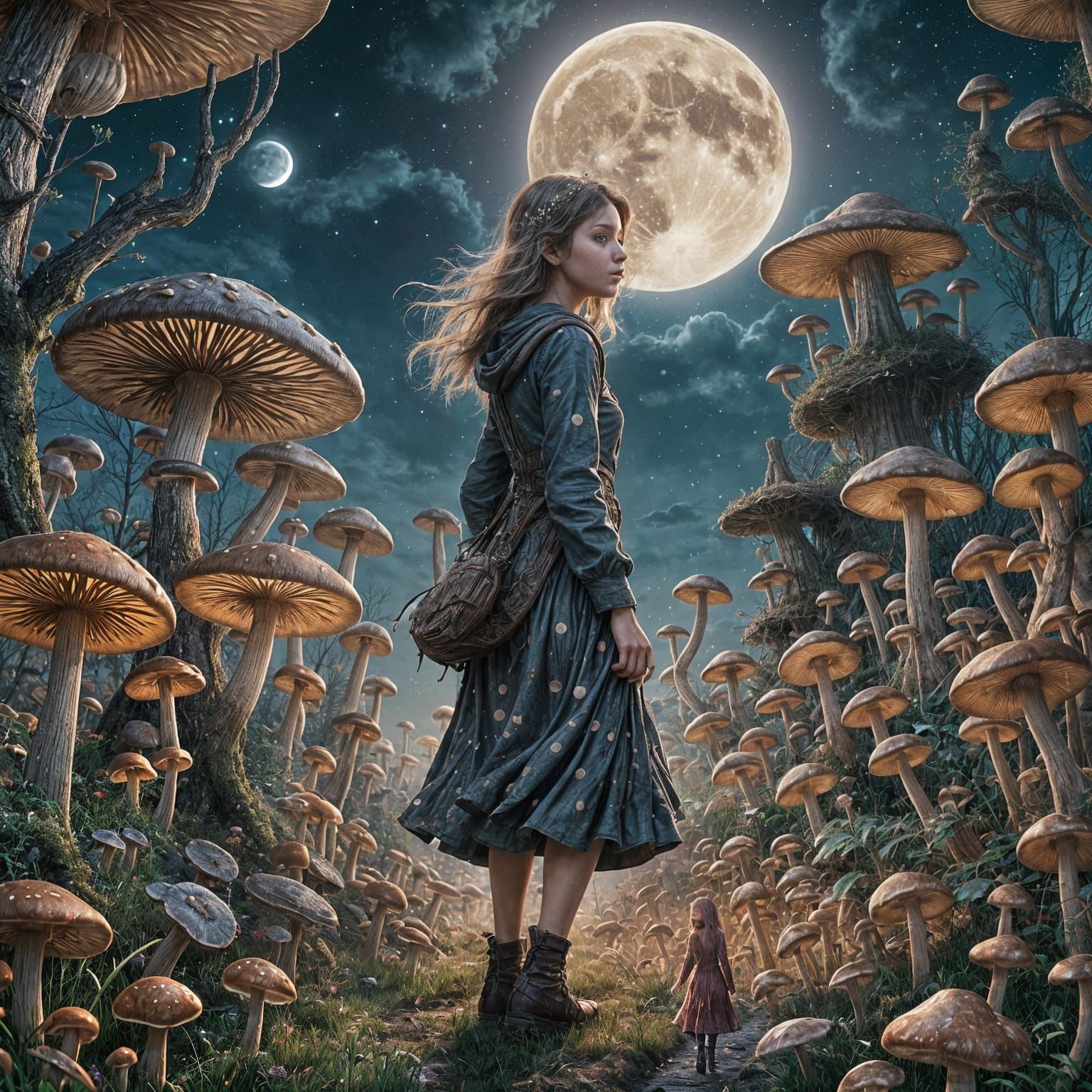 Girl in Mushroom Field at Night: Fantasy Concept Art