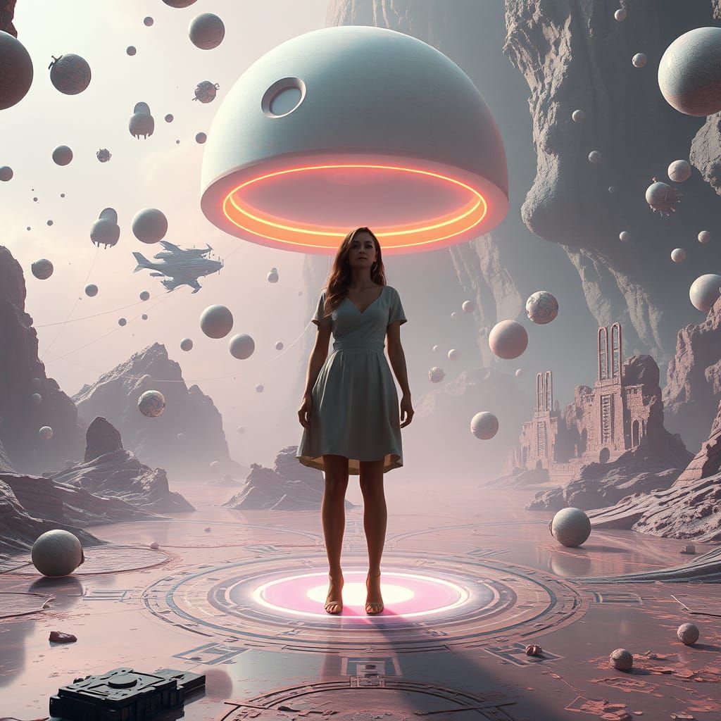 Woman at Center of Gravitational Field in Surreal Style