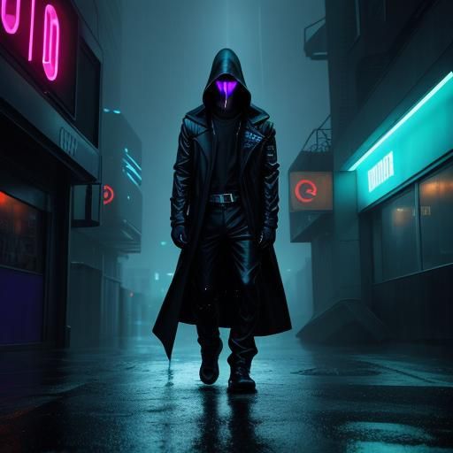 Neon Noir: Lone Figure in Alien Cityscape