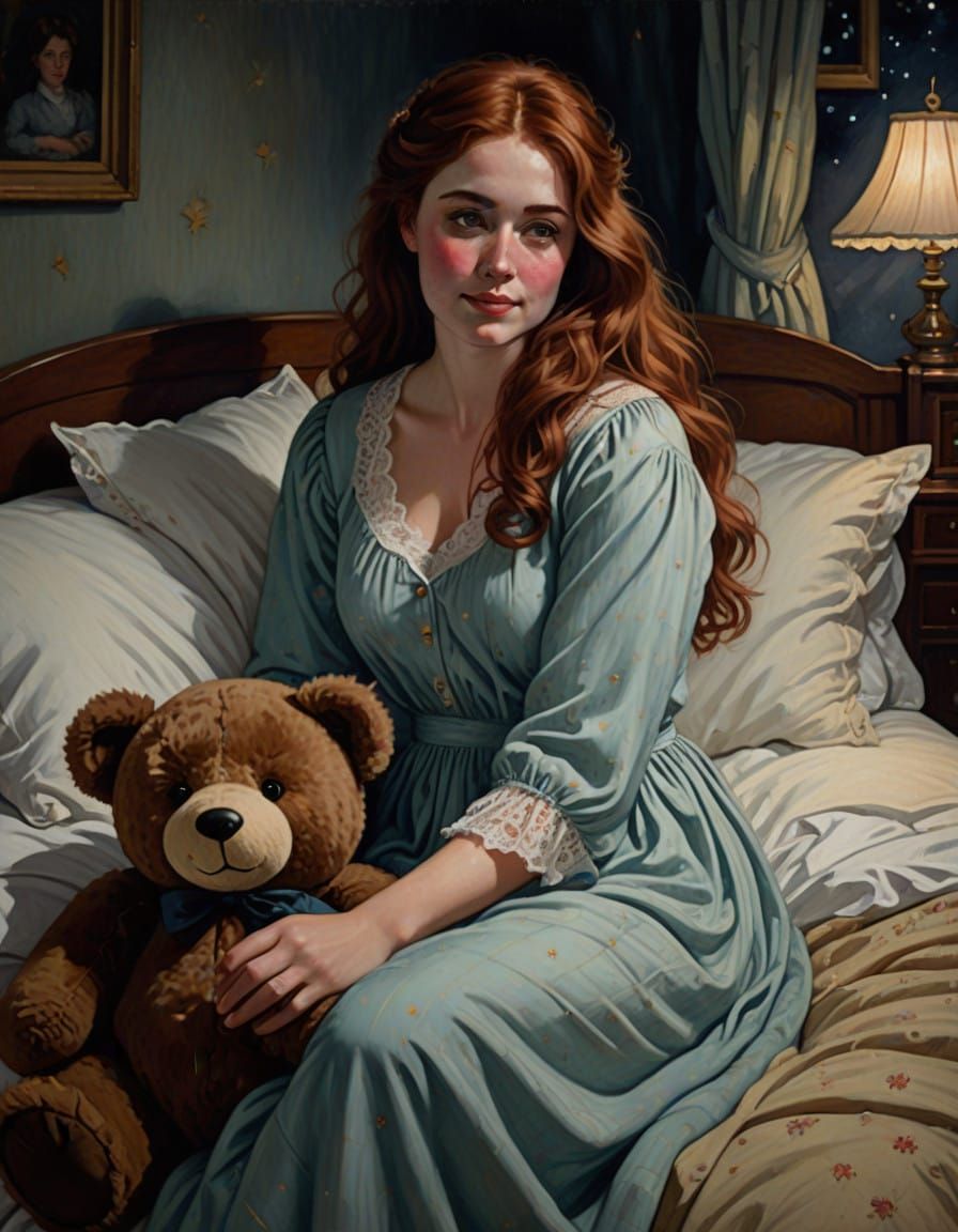 Victorian Curvy Woman in Nightgown with Teddy Bear