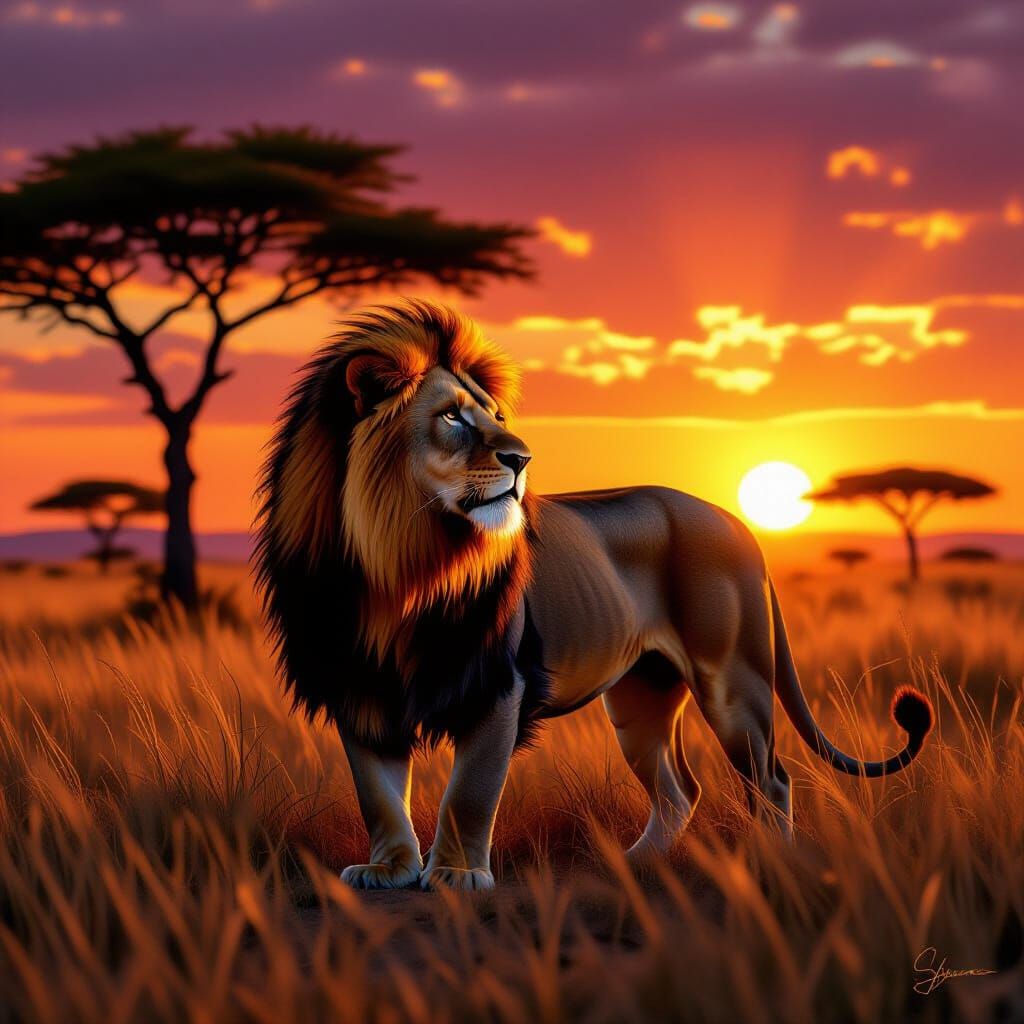 Majestic Lion on African Savanna at Golden Hour