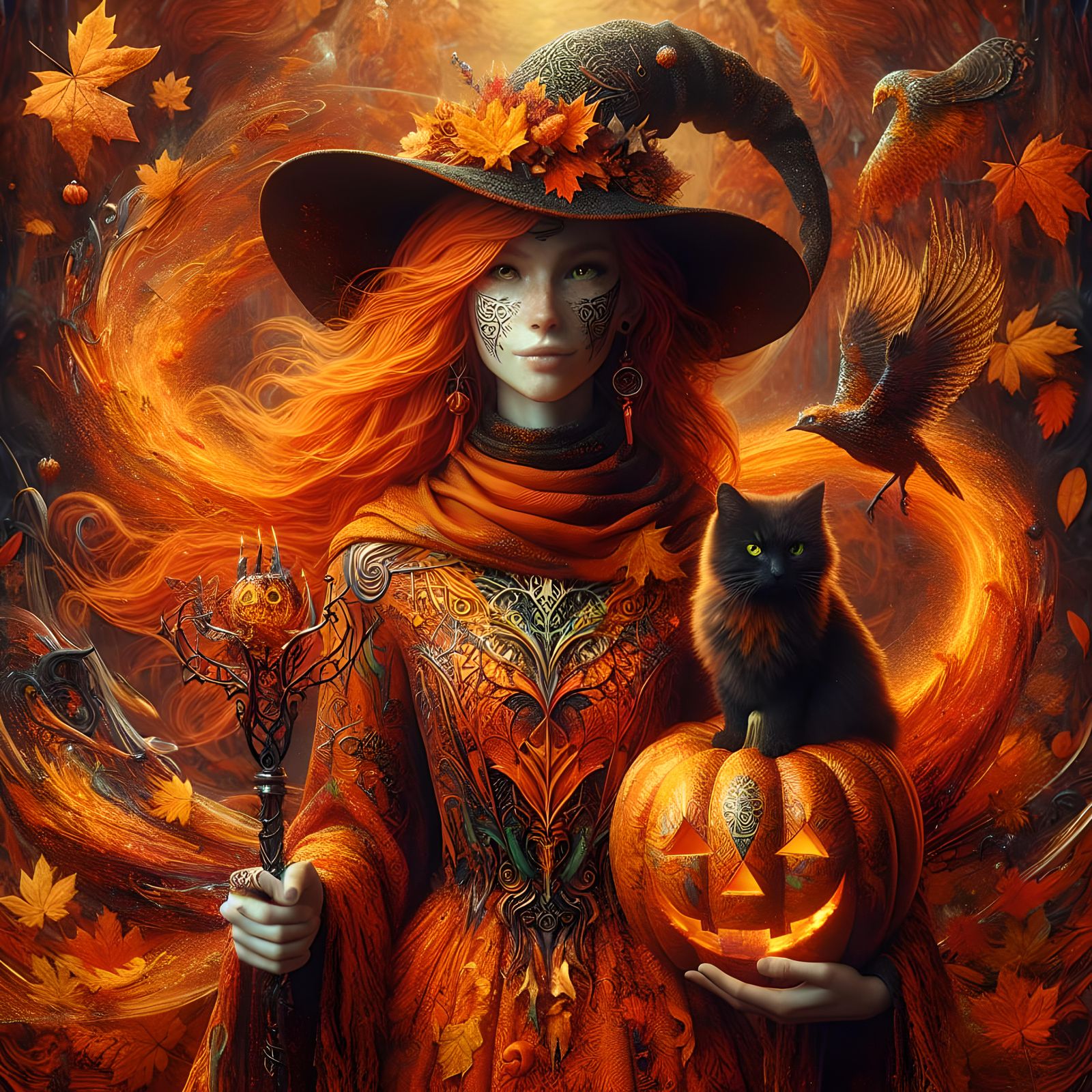 Enchanted Pumpkin Witch in Autumn Forest