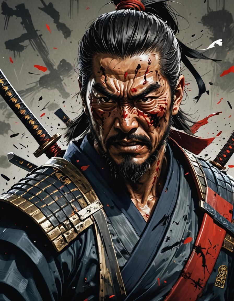 Bushido Samurai Portrait with Shattered Skull, Anime Style