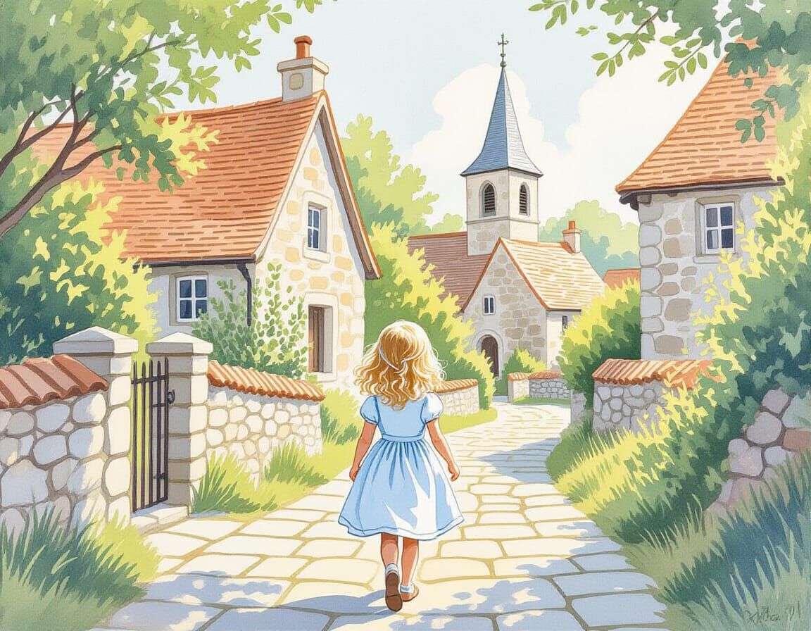 Pastel Village Scene with Girl Walking to Church