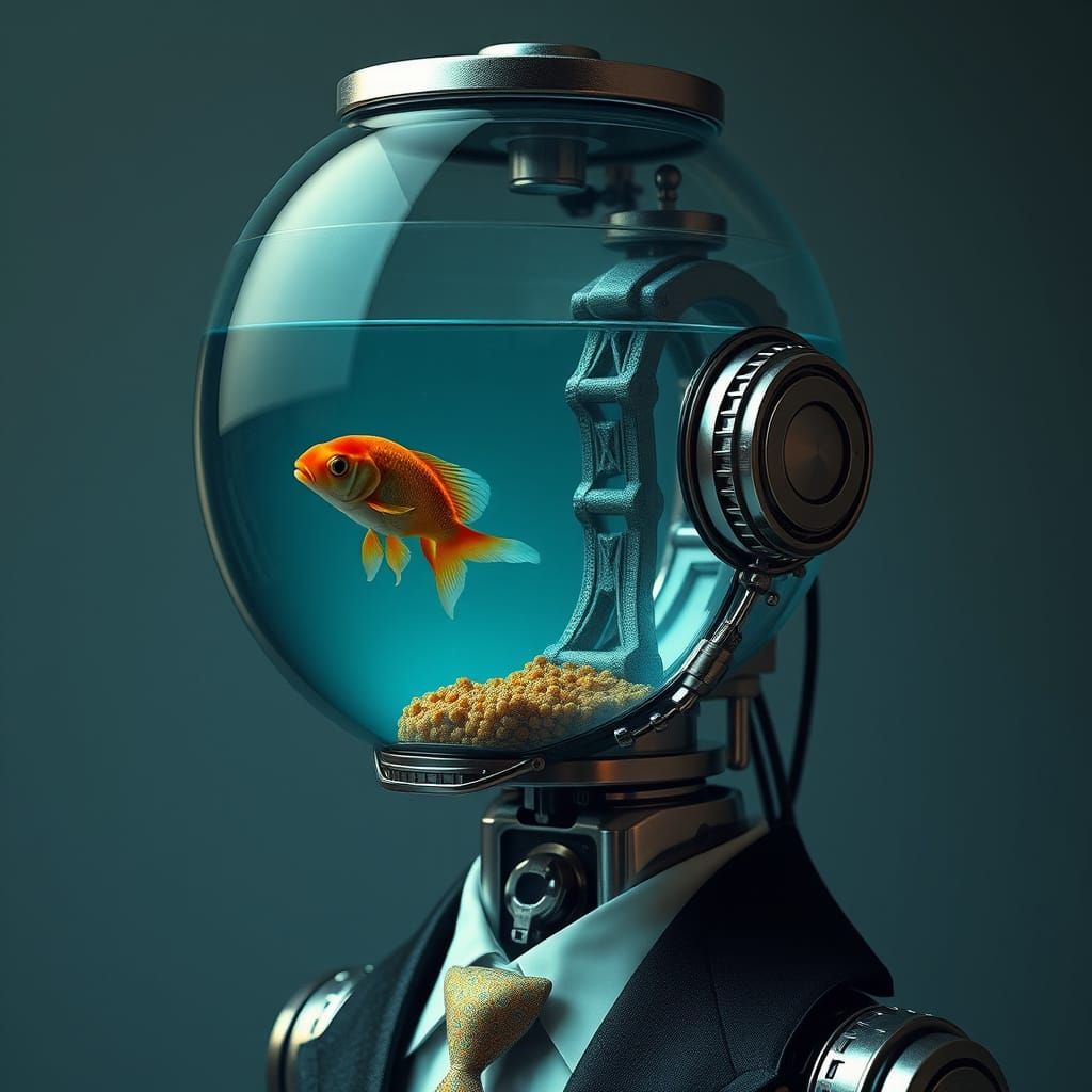 m4ch1n3 gentleman cyborg robot with a fish bowl head, with a small goldfish