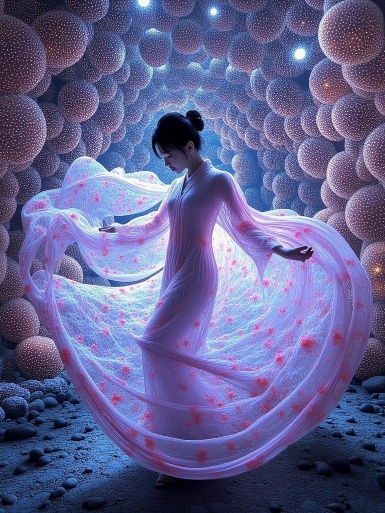 Dancing Woman Immersed in Generative Light Art