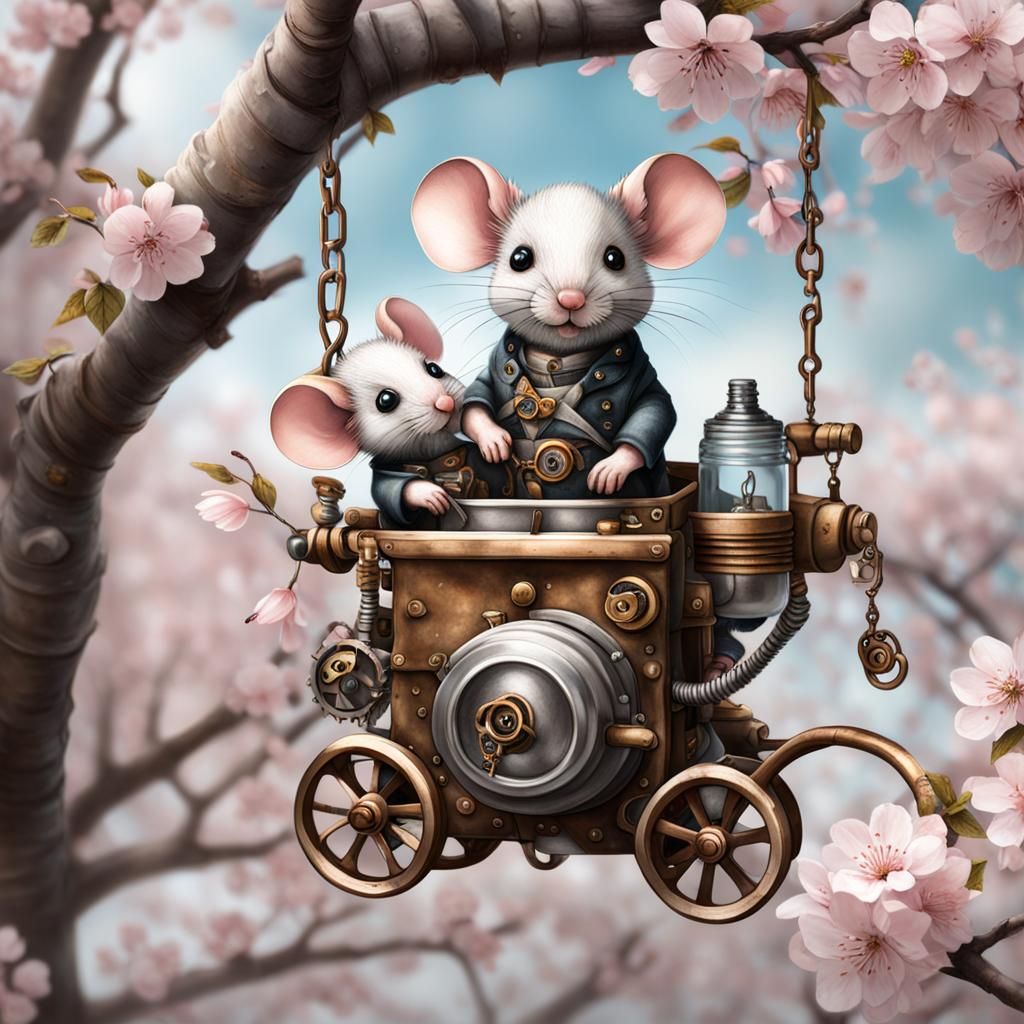 Baby Mice in Steampunk Cradle on Cherry Tree