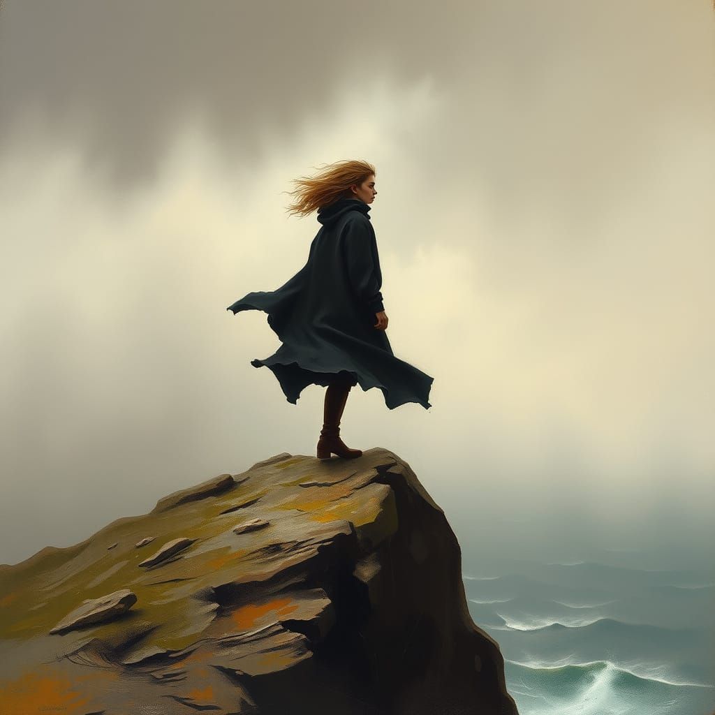 Mournful Figure on Windswept Cliff in Earthy Muted Tones
