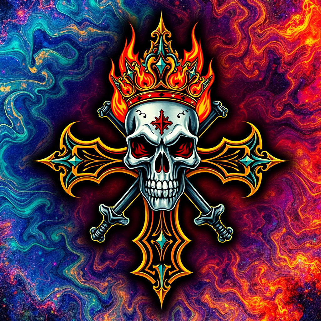 Queen Savage Logo: Ornate Skull Cross with Flames