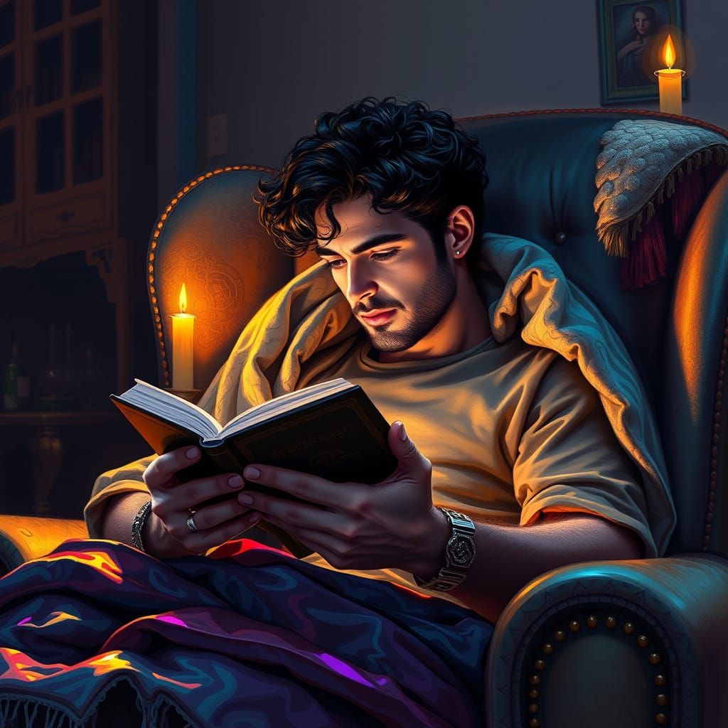 Man Reading by Candlelight in Ethereal Setting