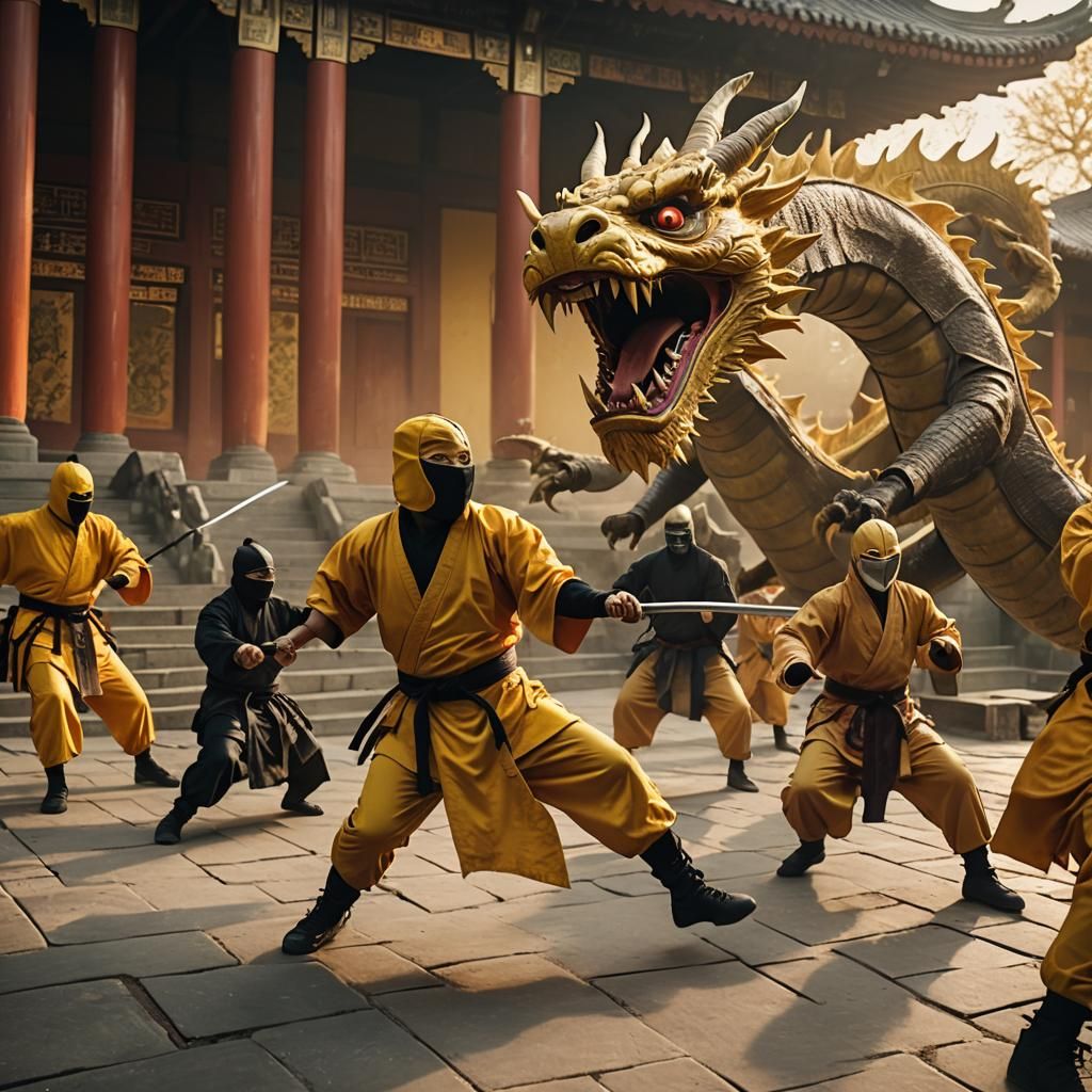 Ninjas Battle Dragon in Shaolin Temple: Cinematic Still