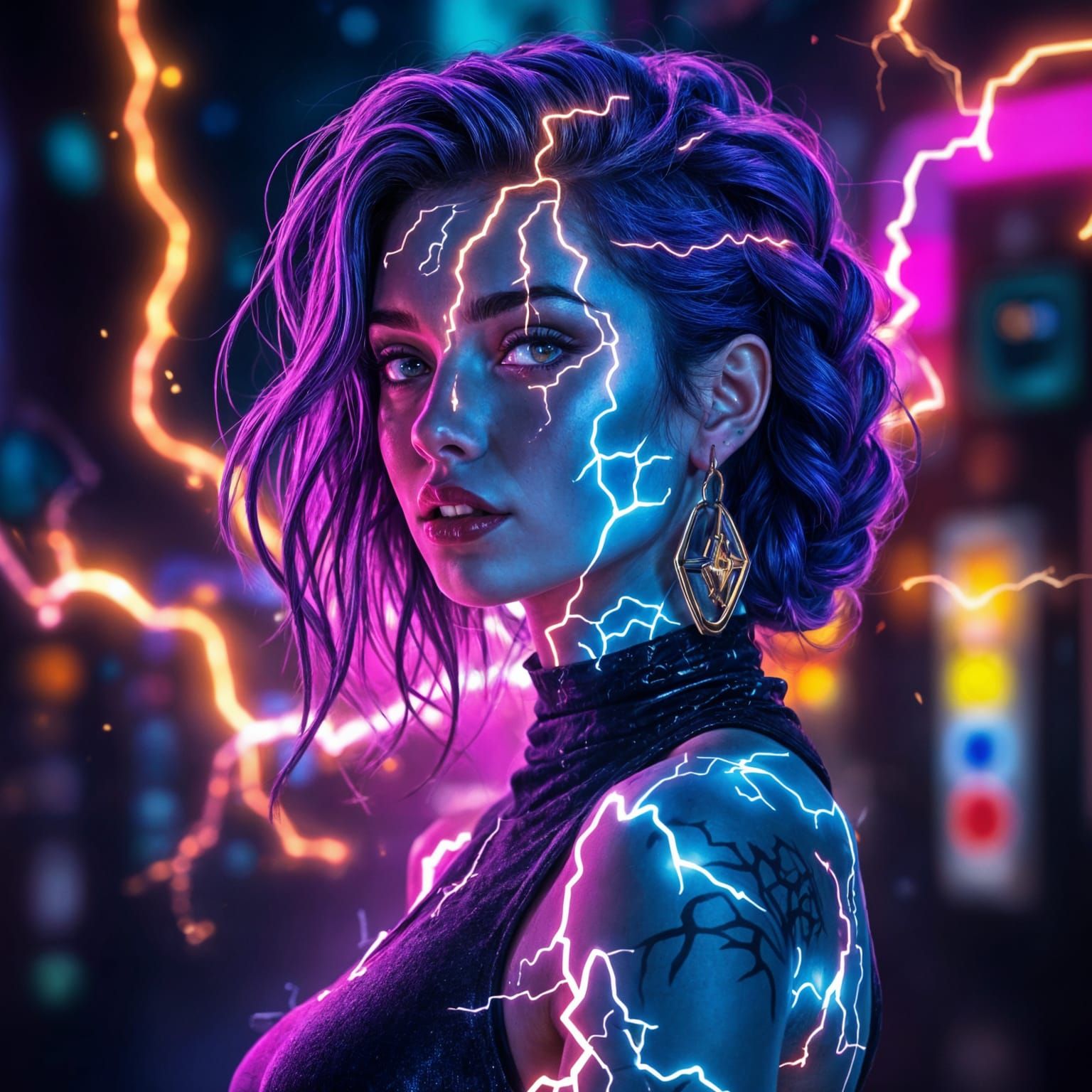 Girl with Purple Hair and Lightning Patterns