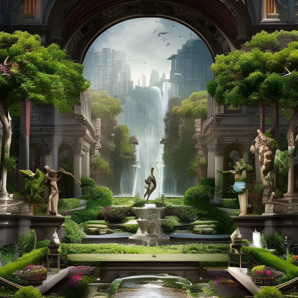 Lush Garden of Eden with Fountains and Statues
