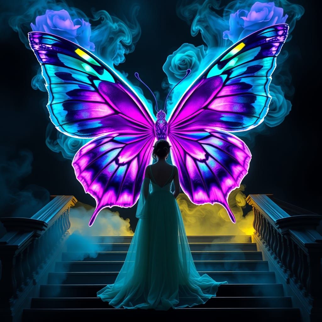 Luminescent Butterfly with Woman in Gown, Dark Fantasy Art