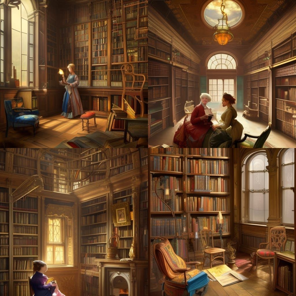 Colorful 18th Century Library with Fireplace, Digital Art