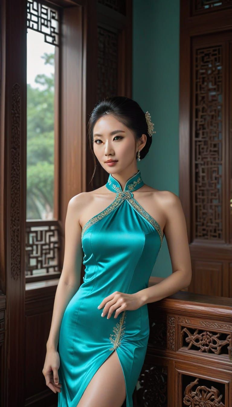 Chinese Woman in Turquoise Cheongsam at Imperial Palace