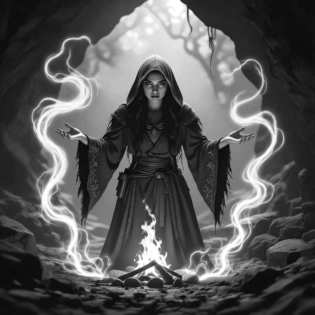 Sorceress Summons Magic in a Darkened Cave