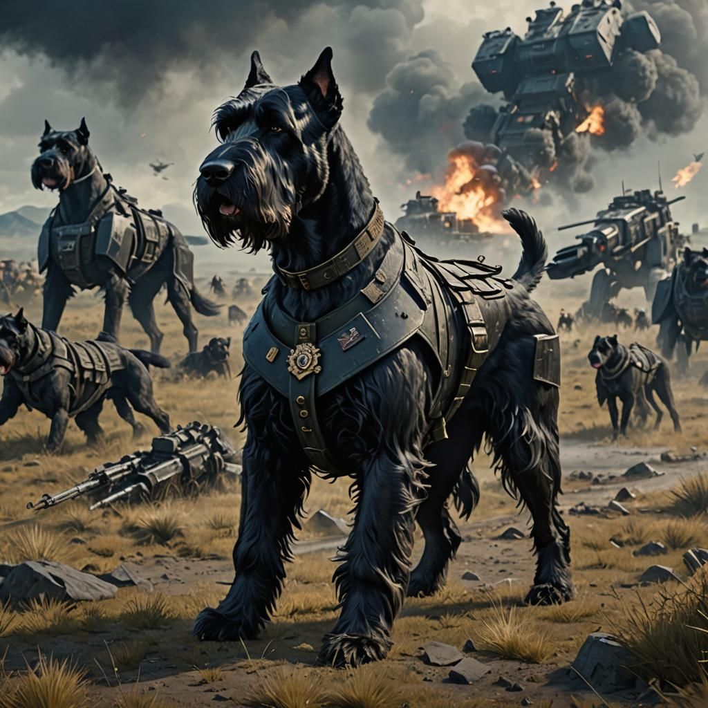 Giant Schnauzer in Military Outfit on Battlefield