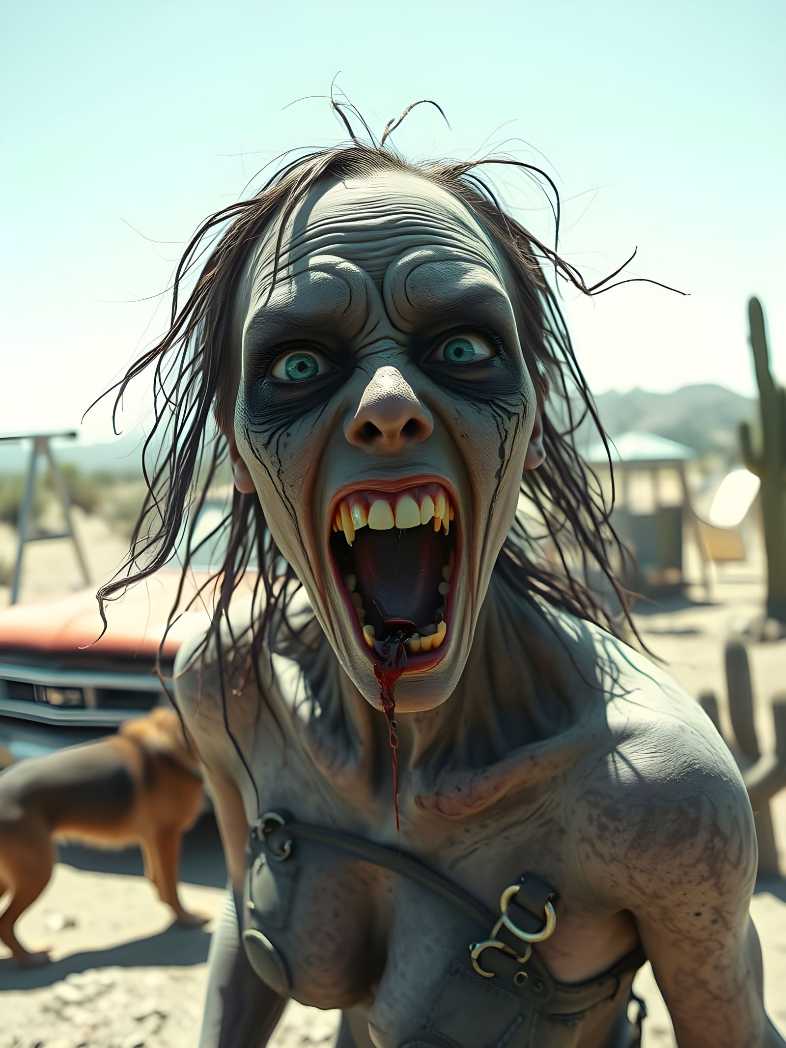 Screaming Zombie Woman in Desert Playground