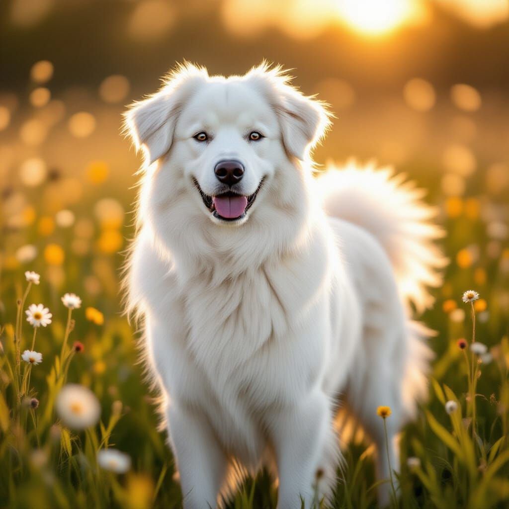 Majestic White Dog in Sun-Dappled Meadow