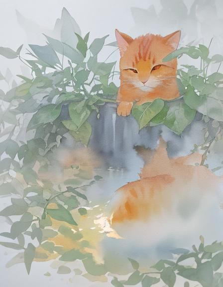 Orange Cat in Hot Spring: Watercolor Splash Art