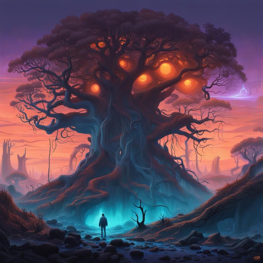 Chaotic Fantasy Landscape with Glowing Plants