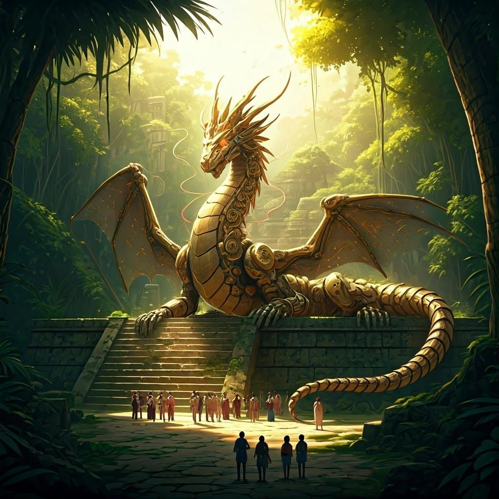 Golden Mechanical Dragon in Maya Temple, Elegant and Majesti...