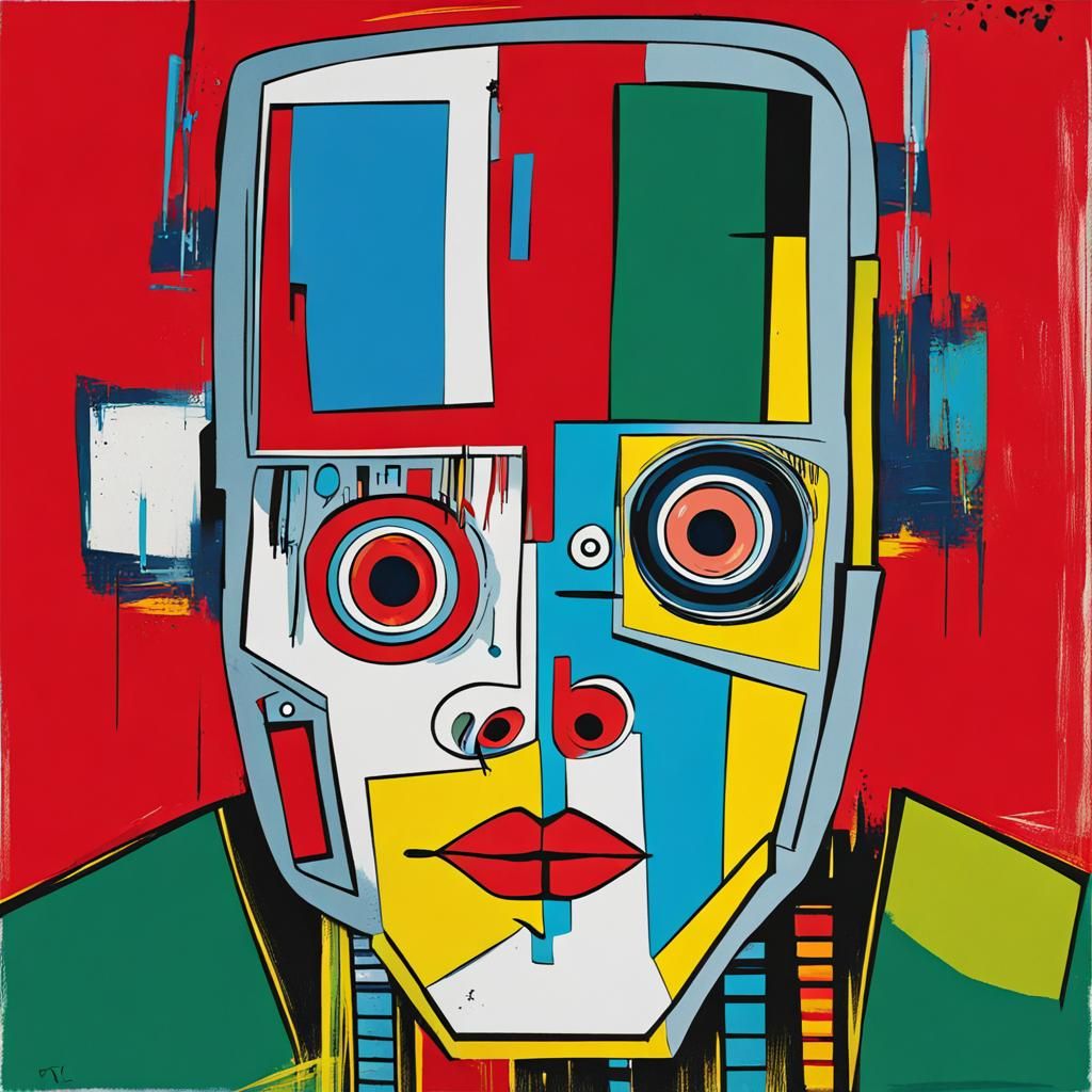 Pop Art Cyborg Robot Portrait in Basquiat Style