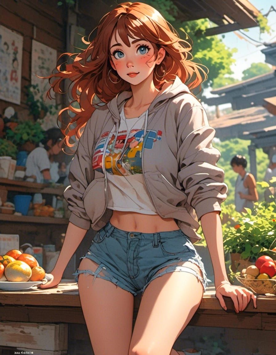 Curvy Woman in Ripped Sweatshirt, Anime Illustration