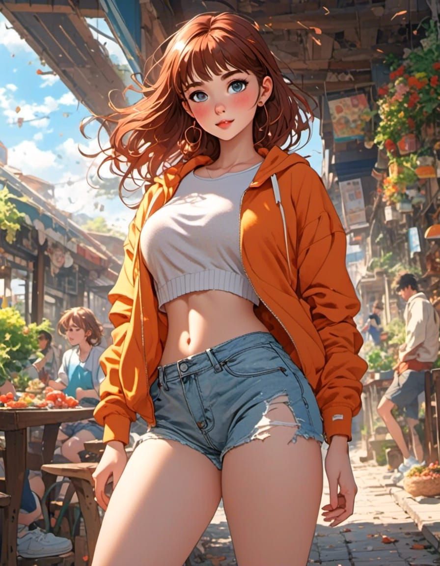 Curvy Woman in Hoodie: Anime Inked Illustration