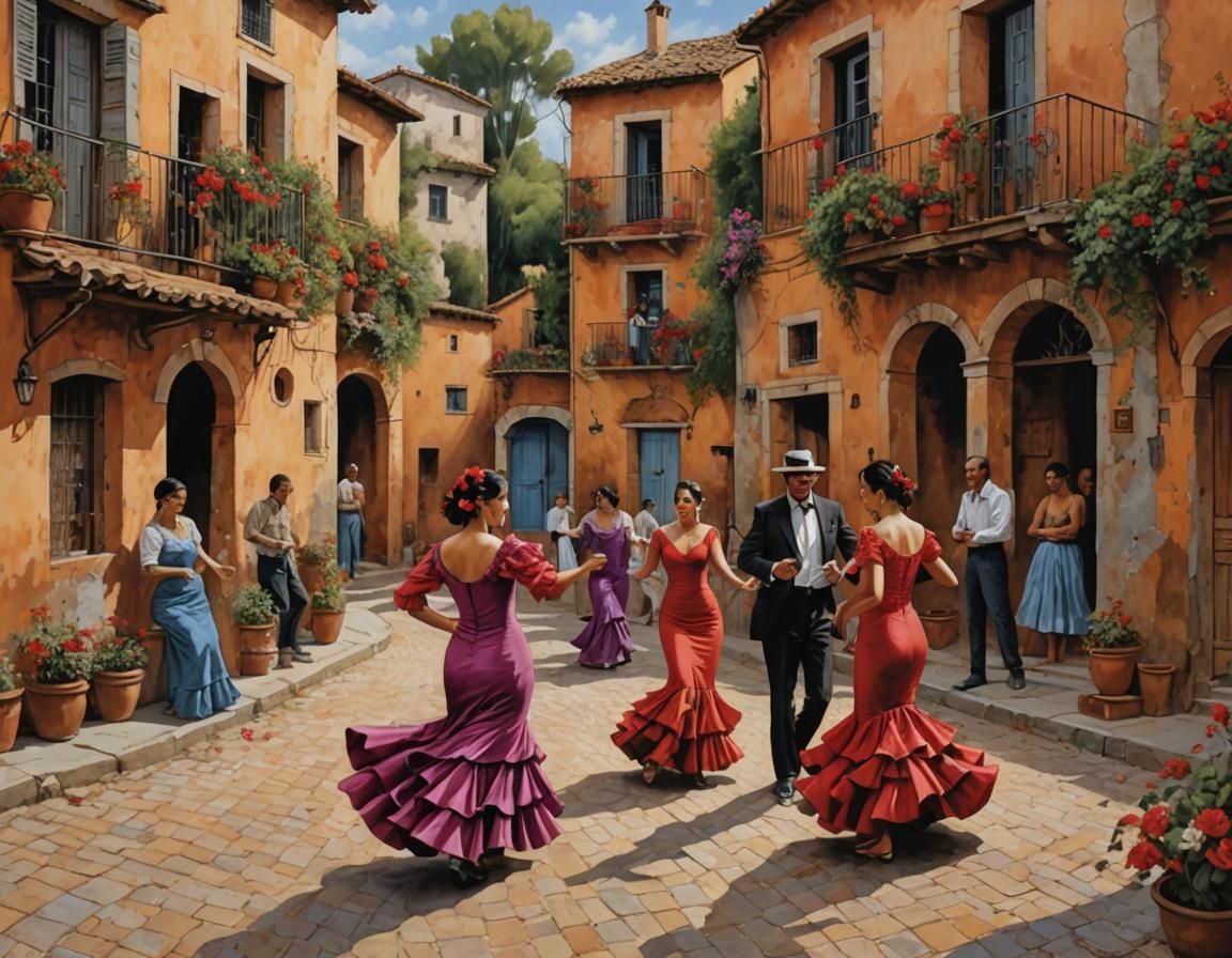 Flamenco Dancers in Village, Hyper-Detailed Art