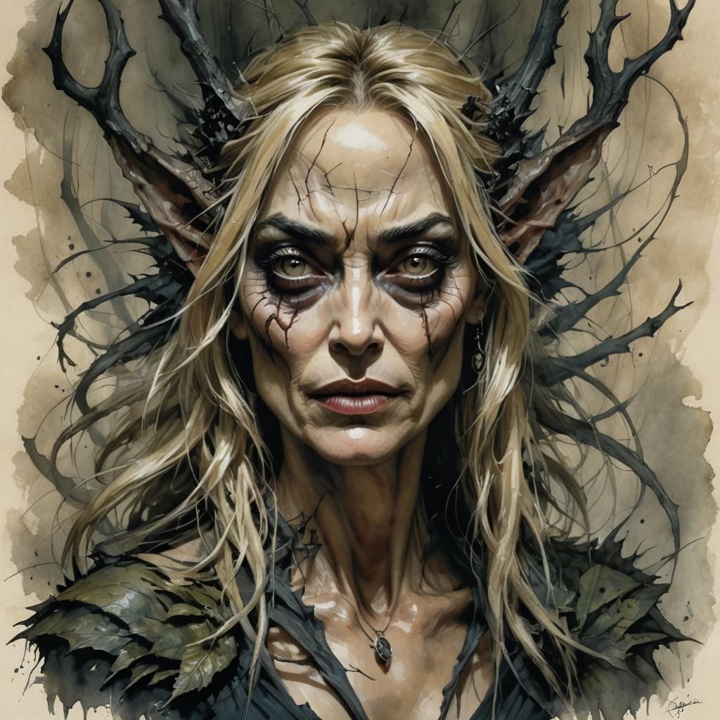 Sharon Stone Portrait in Brian Froud Style