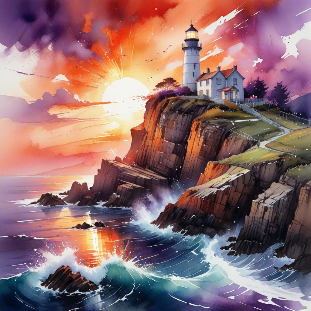 Ancient Lighthouse at Sunset on Windswept Cliff