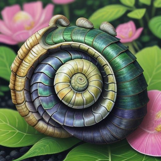 Curious Snail in Vibrant Garden: Charcoal Drawing